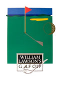 Vintage 1985 William Lawson's Golf Cup lithograph sports poster featuring golfer and event details.