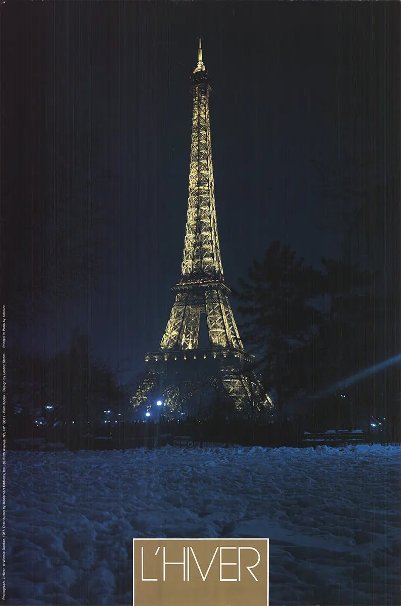 Winnie Denker L'Hiver La Tour Eiffel 1987 Paris offset lithograph poster showing winter scene of Eiffel Tower