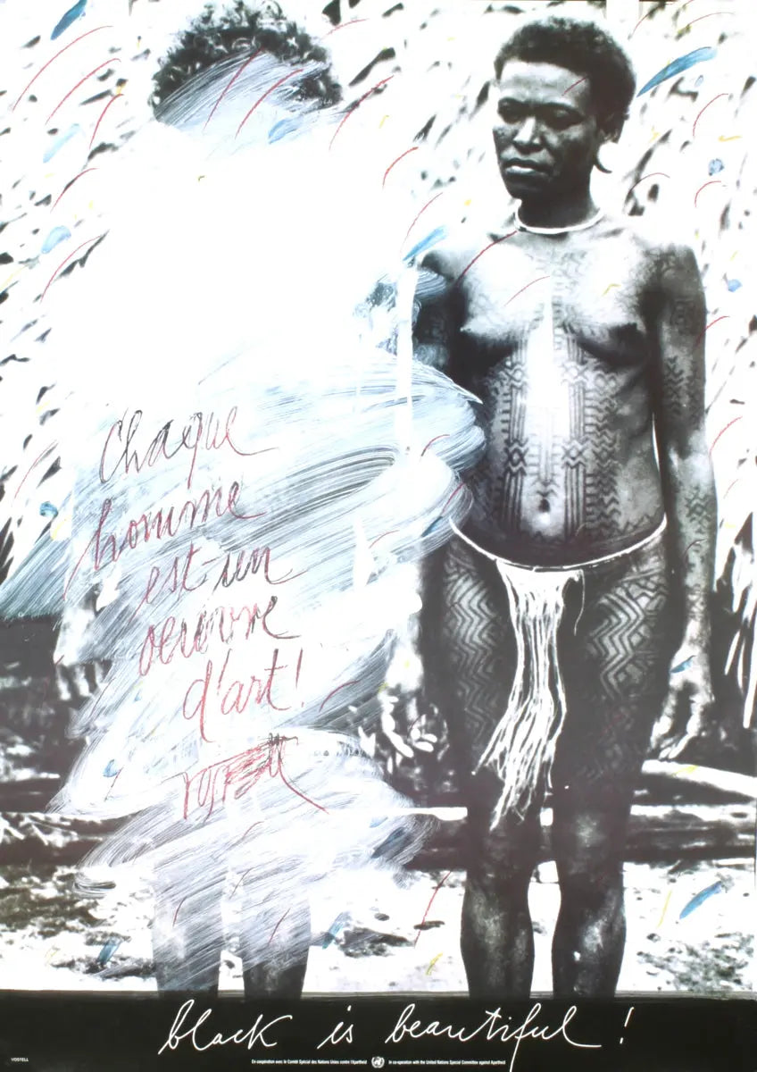 Wolf Vostell Black is Beautiful 1982 offset lithograph art print for Amnesty International by Wolf Vostell, showcasing bold black and white imagery.