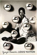 Large Yayoi Kusama Louis Vuitton 2023 exhibition poster featuring vibrant, abstract artwork and bold branding elements.