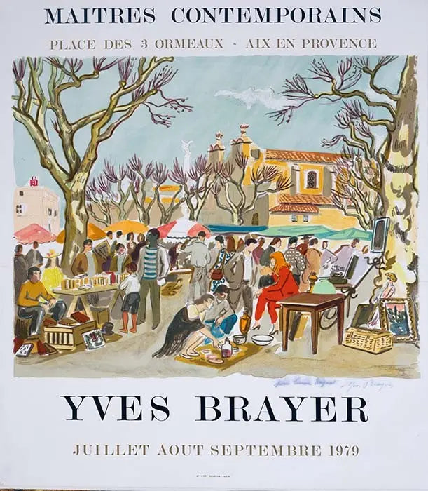 Original Yves Brayer 1979 lithograph poster on linen featuring Aix-en-Provence scene by renowned artist Yves Brayer.
