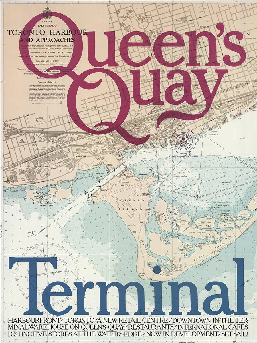 Zeidler Roberts Queen's Quay Terminal Toronto map lithograph art poster showcasing detailed maritime and cityscape features.
