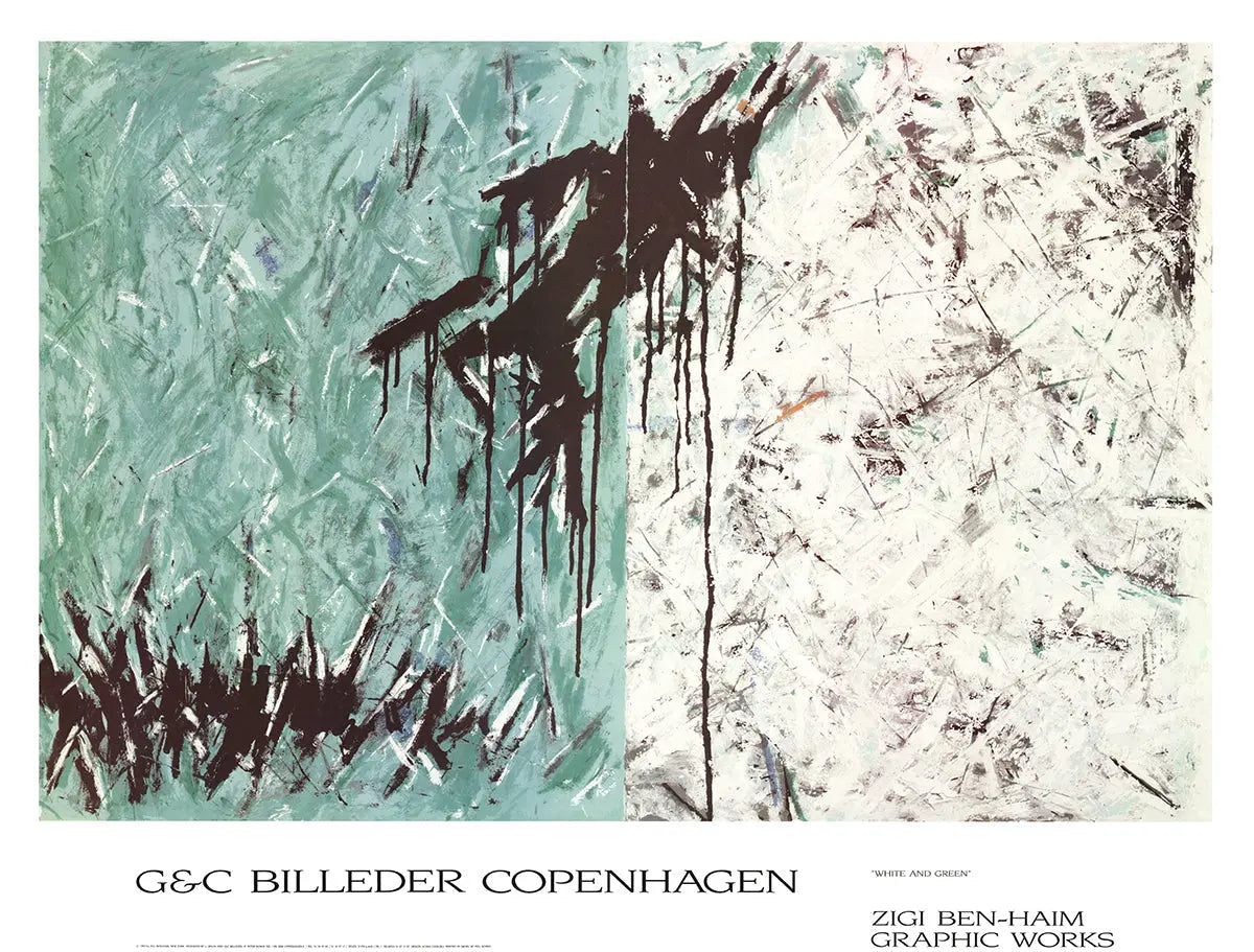 Zigi Ben-Haim white and green 1995 abstract offset lithograph poster featuring bold geometric shapes and modern art design.